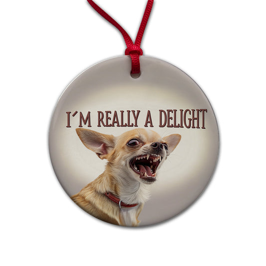 I'm Really a Delight Funny Angry Chihuahua Round Ceramic Holiday Christmas Tree Ornament