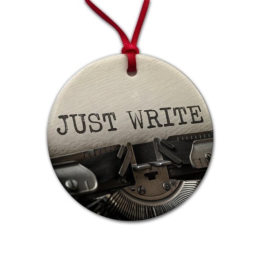 Just Write Retro Typewriter Inspirational Round Ceramic Holiday Christmas Tree Ornament