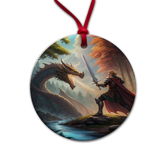 Knight Dragon Slayer Illustration Round Ceramic Holiday Christmas Tree Ornament