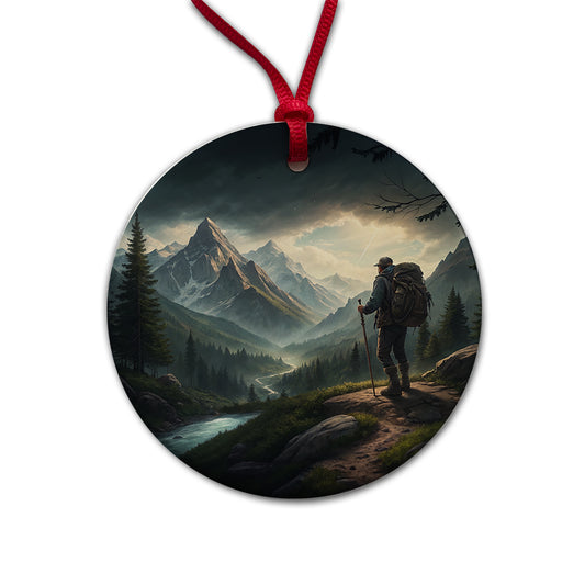Man Hiking In The Mountains Round Ceramic Holiday Christmas Tree Ornament