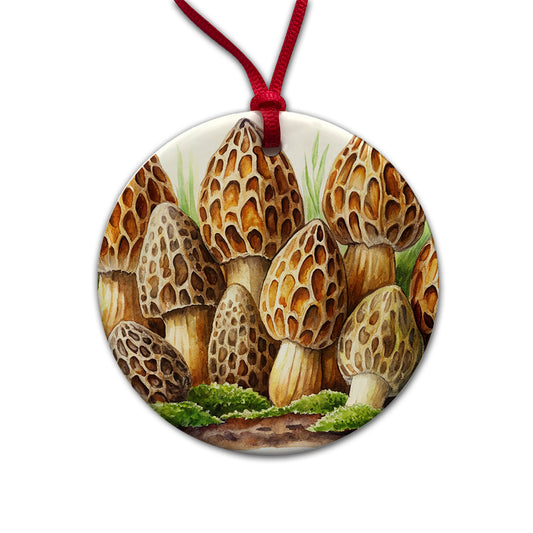 Morel Mushrooms Morchella Watercolor Round Ceramic Holiday Christmas Tree Ornament