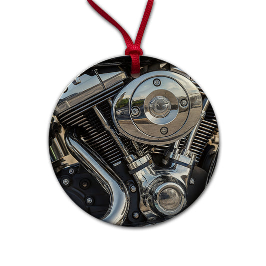 Motorcycle Chrome Engine Close-up Round Ceramic Holiday Christmas Tree Ornament
