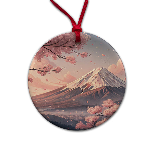 Mount Fuji Blooming Sakura Trees Japanese Illustration Round Ceramic Holiday Christmas Tree Ornament