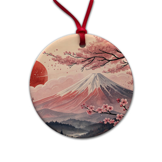 Mount Fuji With Cherry Blossoms Rising Sun Japanese Illustration Round Ceramic Holiday Christmas Tree Ornament