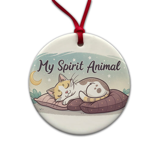 My Spirit Animal Sleeping Cat Funny Round Ceramic Holiday Christmas Tree Ornament