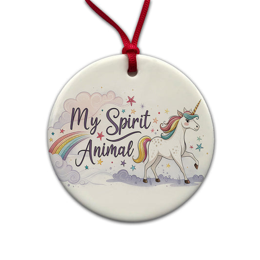 My Spirit Animal Unicorn Funny Fantasy Round Ceramic Holiday Christmas Tree Ornament