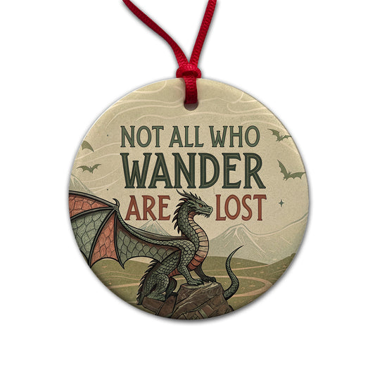 Not All Who Wander Are Lost Vintage Fantasy Illustration Round Ceramic Holiday Christmas Tree Ornament