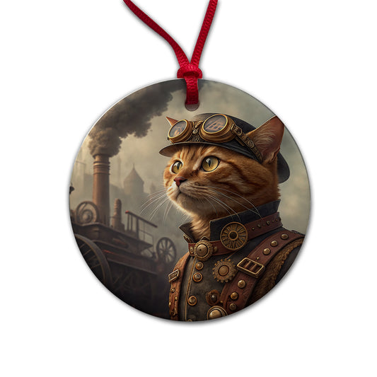 Orange Tabby Cat Steampunk Round Ceramic Holiday Christmas Tree Ornament