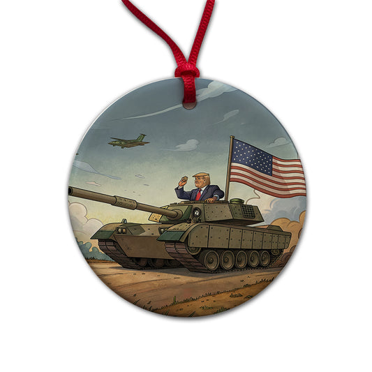 Patriotic Donald Trump Driving M1 Abrams Tank Funny Round Ceramic Holiday Christmas Tree Ornament