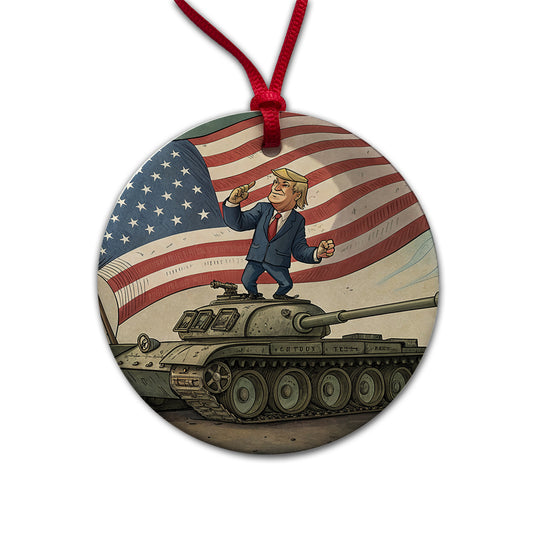 Patriotic Donald Trump Standing On Tank Funny Round Ceramic Holiday Christmas Tree Ornament