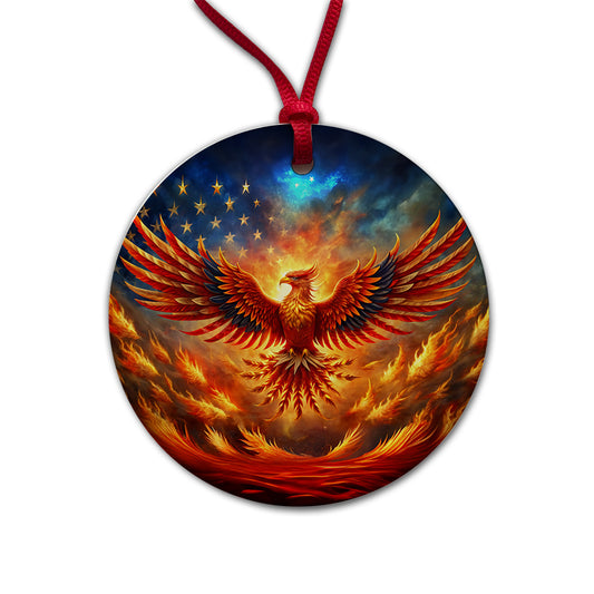 Patriotic Phoenix Rising American Flag Round Ceramic Holiday Christmas Tree Ornament