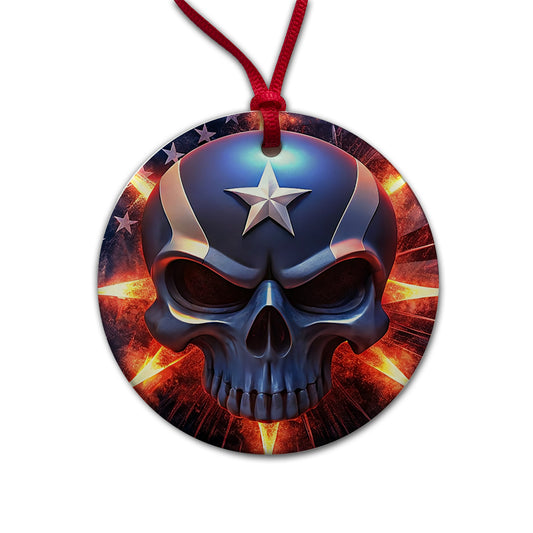 Patriotic Skull And American Flag Round Ceramic Holiday Christmas Tree Ornament