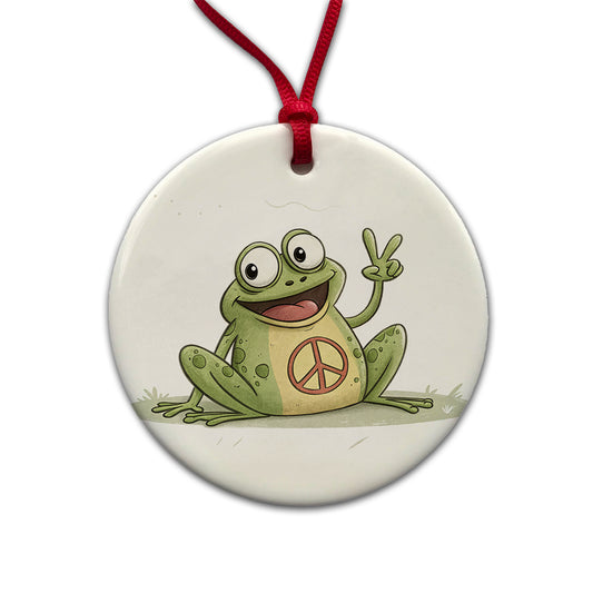 Peace Sign Frog Cartoon Round Ceramic Holiday Christmas Tree Ornament