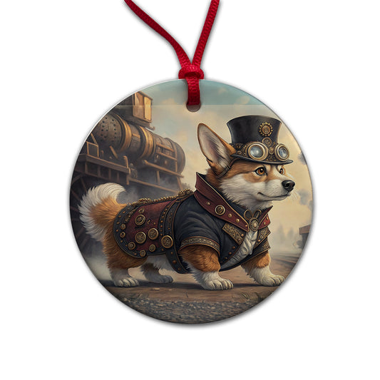 Pembroke Welsh Corgi Dog Steampunk Round Ceramic Holiday Christmas Tree Ornament