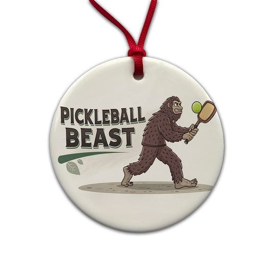 Pickleball Beast Funny Bigfoot Holding Paddle Round Ceramic Holiday Christmas Tree Ornament