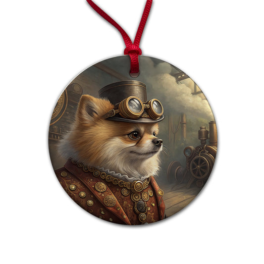 Pomeranian Dog Steampunk Round Ceramic Holiday Christmas Tree Ornament