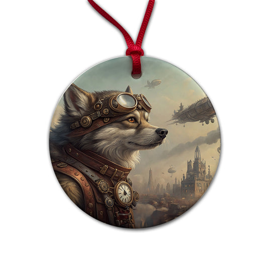 Pomsky Dog Steampunk Round Ceramic Holiday Christmas Tree Ornament