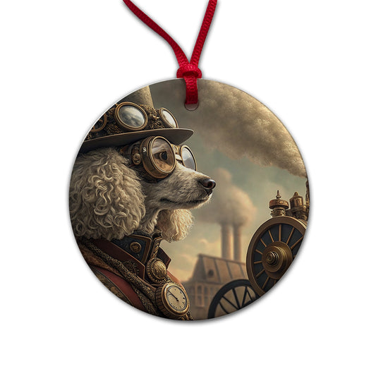Poodle Dog Steampunk Round Ceramic Holiday Christmas Tree Ornament
