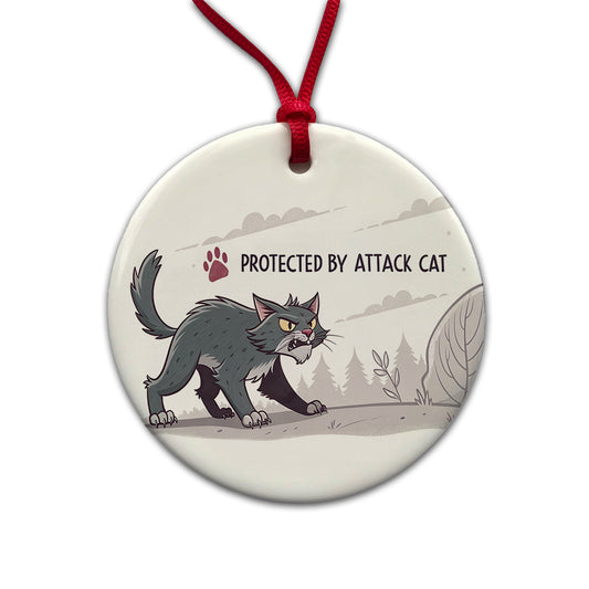 Protected By Attack Cat Funny Round Ceramic Holiday Christmas Tree Ornament