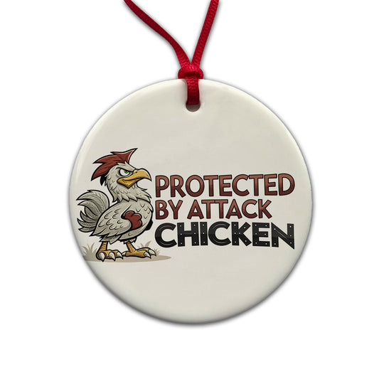 Protected By Attack Chicken Funny Round Ceramic Holiday Christmas Tree Ornament