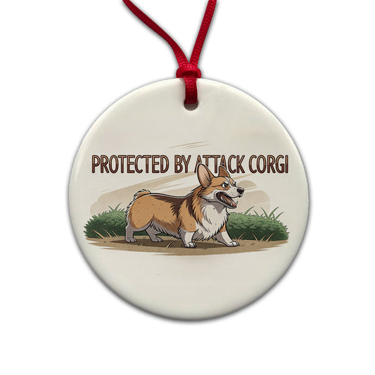 Protected By Attack Corgi Funny Round Ceramic Holiday Christmas Tree Ornament