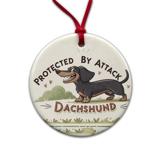 Protected By Attack Dachshund Funny Round Ceramic Holiday Christmas Tree Ornament