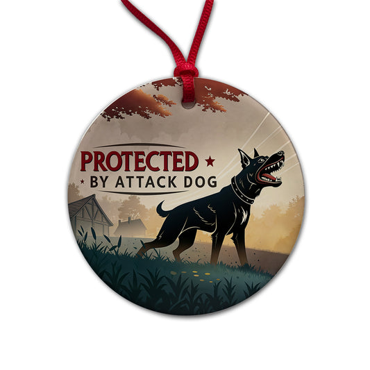 Protected By Attack Dog Round Ceramic Holiday Christmas Tree Ornament