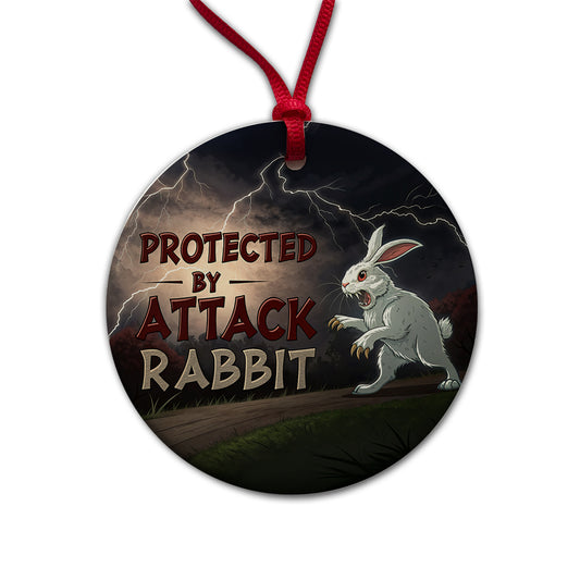 Protected By Attack Rabbit Vicious White Funny Bunny Round Ceramic Holiday Christmas Tree Ornament