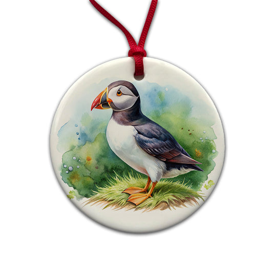 Puffin Bird Watercolor Round Ceramic Holiday Christmas Tree Ornament