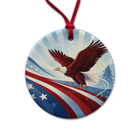 Red Blue White Patriotic Bald Eagle Round Ceramic Holiday Christmas Tree Ornament