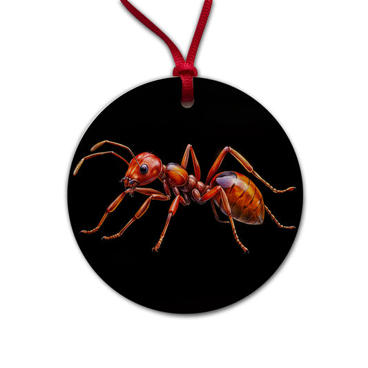 Red Fire Ant Watercolor Black Background Round Ceramic Holiday Christmas Tree Ornament