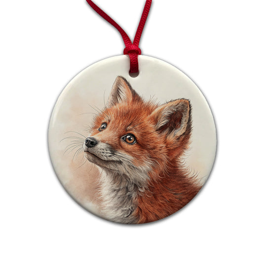 Red Fox Kit Illustration Round Ceramic Holiday Christmas Tree Ornament