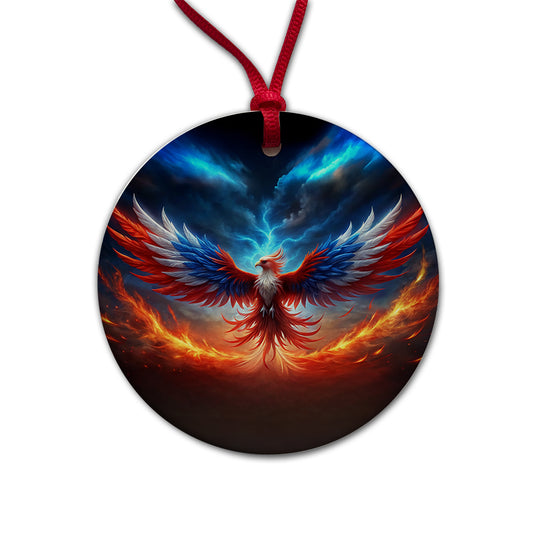 Red White And Blue Phoenix Rising Round Ceramic Holiday Christmas Tree Ornament