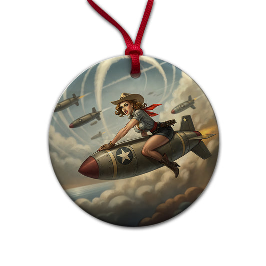 Rockabilly Patriotic Pin-Up Cowgirl Riding Bomb Funny Round Ceramic Holiday Christmas Tree Ornament