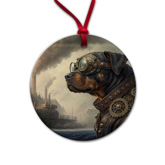 Rottweiler Dog Steampunk Round Ceramic Holiday Christmas Tree Ornament