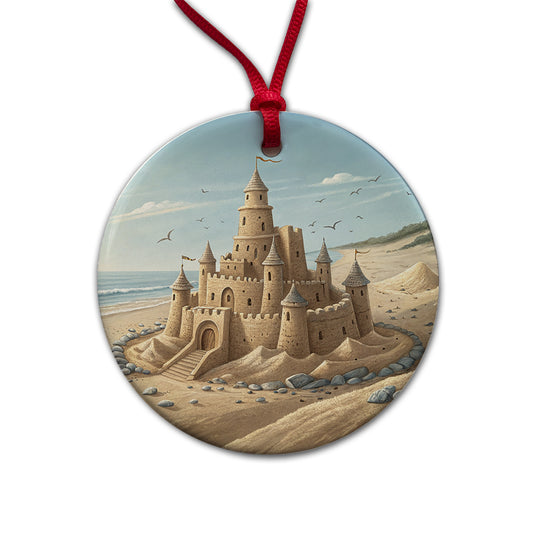 Sandcastle On Beach Round Ceramic Holiday Christmas Tree Ornament