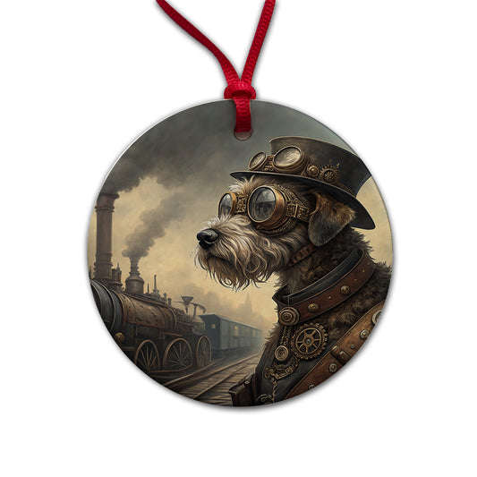 Schnoodle Dog Steampunk Round Ceramic Holiday Christmas Tree Ornament