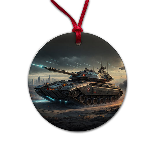 Sci-Fi Tank In Battle Round Ceramic Holiday Christmas Tree Ornament