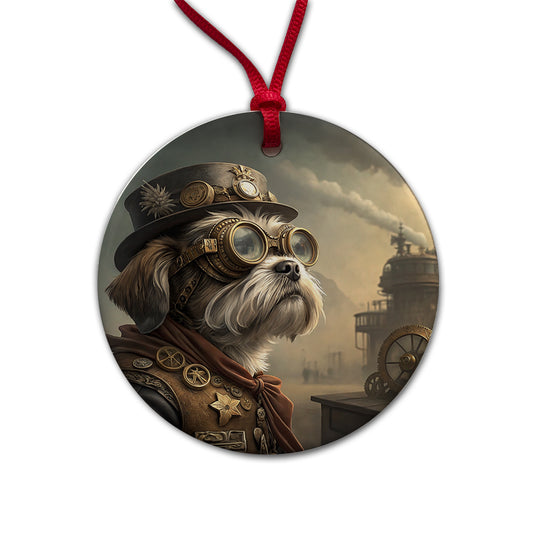 Shih Tzu Dog Steampunk Round Ceramic Holiday Christmas Tree Ornament