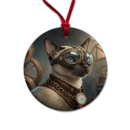 Siamese Cat Steampunk Round Ceramic Holiday Christmas Tree Ornament