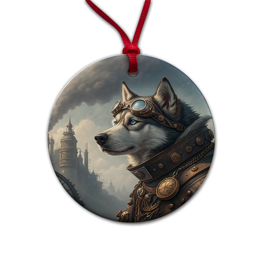 Siberian Husky Dog Steampunk Round Ceramic Holiday Christmas Tree Ornament