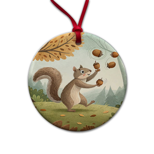 Squirrel Juggling His Acorns Nuts Round Ceramic Holiday Christmas Tree Ornament