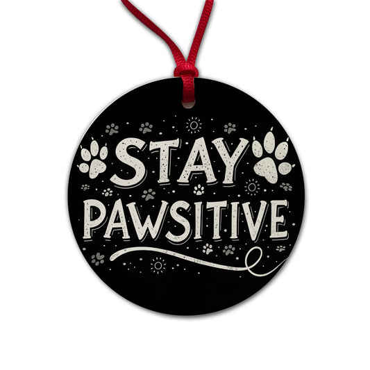 Stay Pawsitive Positive Black White Paw Prints Round Ceramic Holiday Christmas Tree Ornament