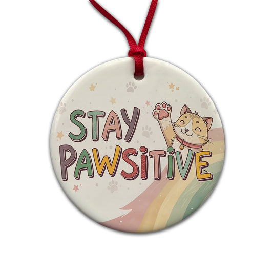 Stay Pawsitive Positive Cat Inspirational Funny Round Ceramic Holiday Christmas Tree Ornament