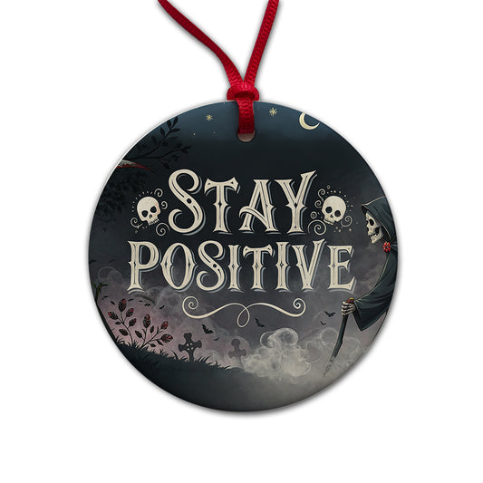 Stay Positive Funny Grim Reaper Death Cartoon Round Ceramic Holiday Christmas Tree Ornament