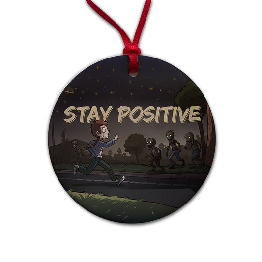 Stay Positive Funny Zombie Cartoon Round Ceramic Holiday Christmas Tree Ornament
