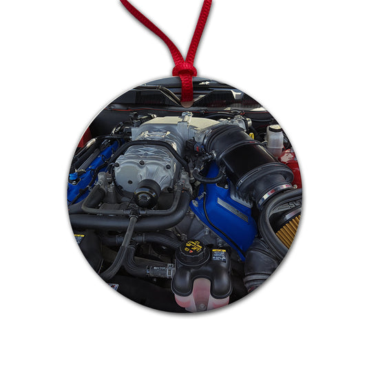 Supercharged V8 Engine Red Sports Muscle Car Round Ceramic Holiday Christmas Tree Ornament