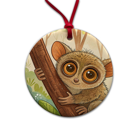 Tarsier Children's Illustration Style Round Ceramic Holiday Christmas Tree Ornament