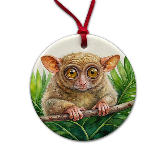 Tarsier Watercolor Round Ceramic Holiday Christmas Tree Ornament