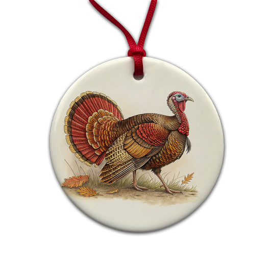 Tom Gobbler Male Turkey Illustration Round Ceramic Holiday Christmas Tree Ornament